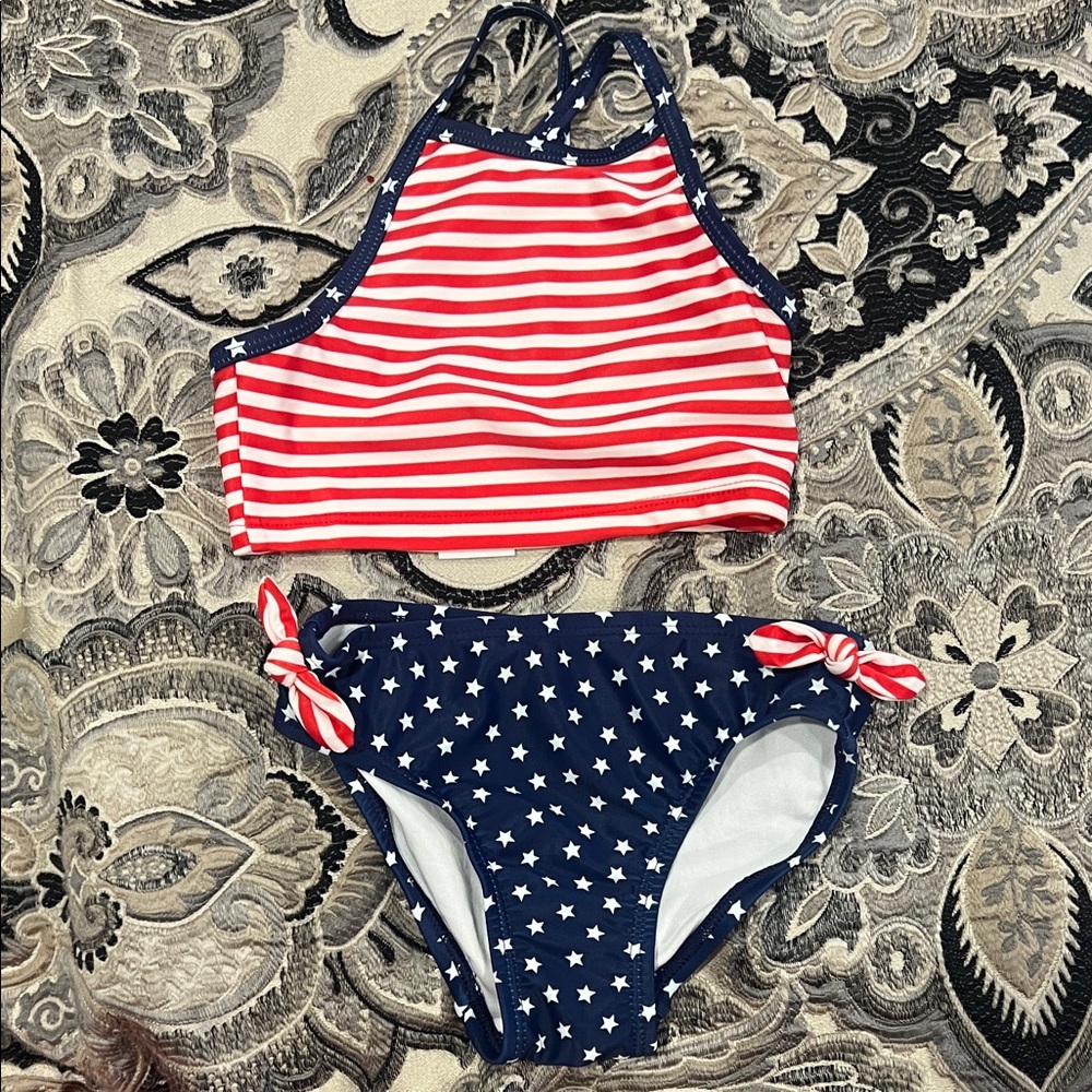 Red and White Striped Bikini Set with Stars